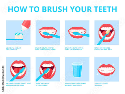 Teeth brushing infographic. Tooth brush arrow motion step instruction, mouth surface washing dental care your oral hygiene toothbrush dentist technique, tidy vector illustration