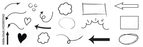 Line arrow hand drawn shape brush underline stroke element vector set. Hand drawn doodle sketch arrow, circle, star brush stroke scribble underline icon. Marker doodle heart vector illustration. 
