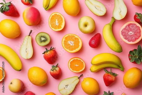 Fototapeta Naklejka Na Ścianę i Meble -  vibrant fruit arrangement on a pink background, featuring a variety of fruits with a neat and orderly layout, perfect for healthy eating promotion, fruit-themed decoration, or marketing materials