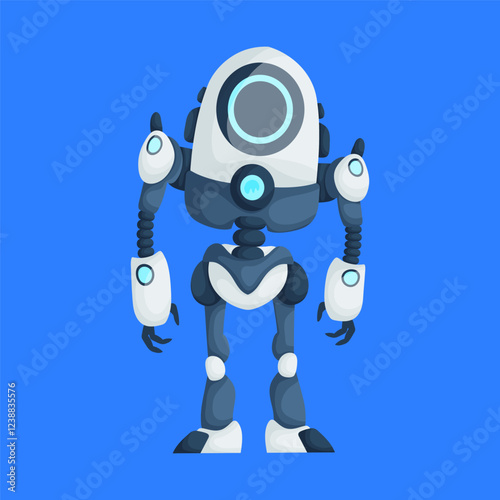 Cartoon illustration of a futuristic robot featuring a circular head, claw-like hands, and a sleek blue and white design on a blue background.