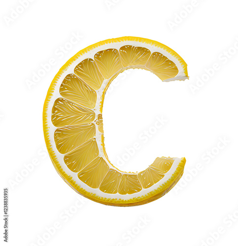 Letter C from a lemon slice isolated on layered transparent background. Design for presentation advertising, background display of cosmetic products. Natural vitamin C citruses and fruits. 