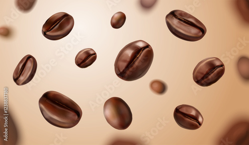 Falling coffee beans. Realistic roasted bean, flying grinding grain caffeine seed arabic espresso ingredient cafe food shop ad abstract background, exact macro vector illustration