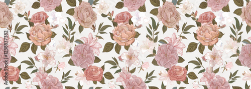 A seamless floral pattern with pink and orange flowers and brown leaves on a cream background.