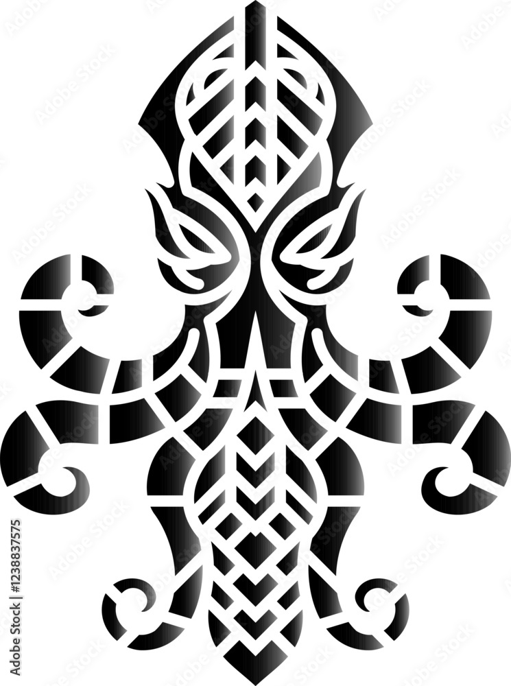 Black and white octopus design with symmetrical tribal patterns and flowing lines, ideal for tattoos, logos, or creative artwork. Black and white octopus design with symmetrical tribal patterns and flowing lines, ideal for tattoos, logos, or creative artwork.