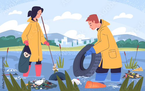 People clean river. Volunteers cleaning dirty water polluted sea or ocean, collect garbage in trash bag cleanup plastic rubbish nature park environment, classy vector illustration