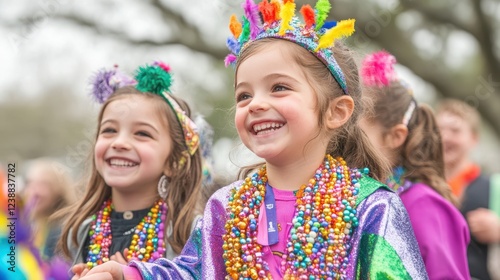 Joyful Mardi Gras Children: Two adorable little girls, adorned in vibrant Mardi Gras beads and colorful headdresses, radiate pure joy and excitement during a festive parade.