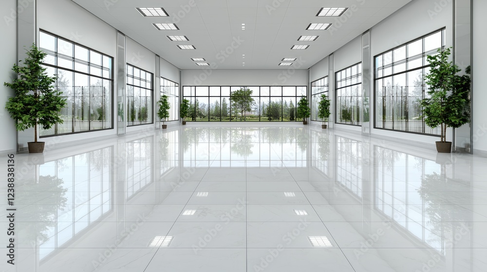 Modern office space, large windows, green view, reflective floor, ideal for business presentations Modern office space, large windows, green view, reflective floor, ideal for business presentations