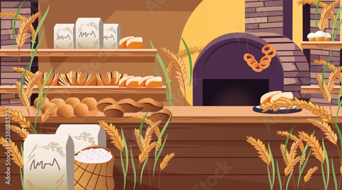 Bakery shop interior bread shelves oven wheat rustic setting cozy atmosphere warm tones food display