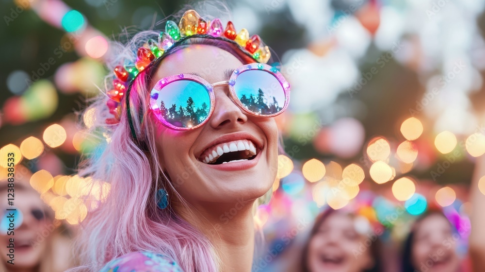 Festival Vibes: A vibrant, smiling woman with pink hair and a colorful crown dances amidst a lively music festival, enjoying the festive atmosphere and infectious energy. Festival Vibes: A vibrant, smiling woman with pink hair and a colorful crown dances amidst a lively music festival, enjoying the festive atmosphere and infectious energy.