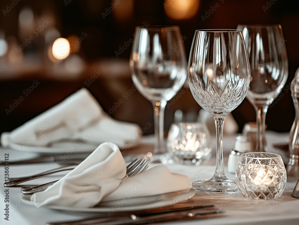 Fine dining table setting with polished silverware, crystal glasses, candlelight, and a white linen tablecloth, creating a luxurious, romantic atmosphere. Fine dining table setting with polished silverware, crystal glasses, candlelight, and a white linen tablecloth, creating a luxurious, romantic atmosphere.