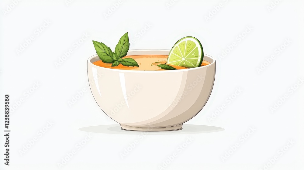 Fresh and Flavorful Soup with Mint Leaves and Lime Slice in a White Bowl Fresh and Flavorful Soup with Mint Leaves and Lime Slice in a White Bowl