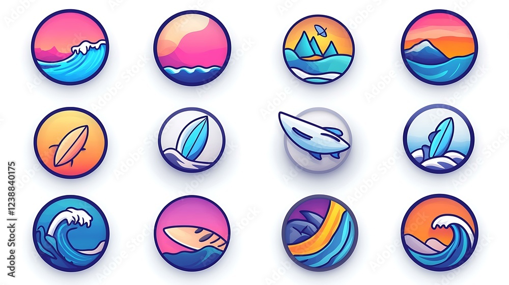 Beach-themed icons collection in filled and outline styles, including umbrellas, waves, and surfboards. Beach-themed icons collection in filled and outline styles, including umbrellas, waves, and surfboards.