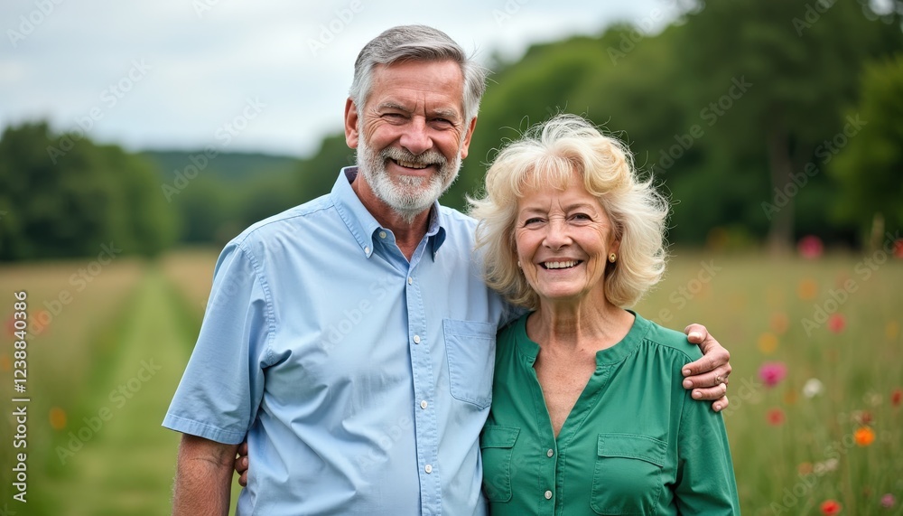 Happy senior couple embracing in a field of flowers. Happy senior couple embracing in a field of flowers.