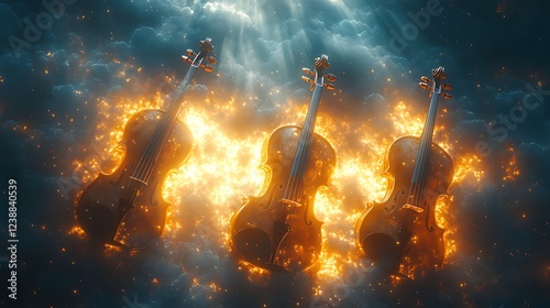 Fiery violins amidst clouds; dramatic concert art