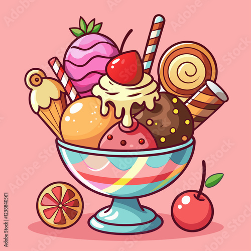 Colorful Ice Cream Sundae with Whipped Cream and Chocolate Syrup