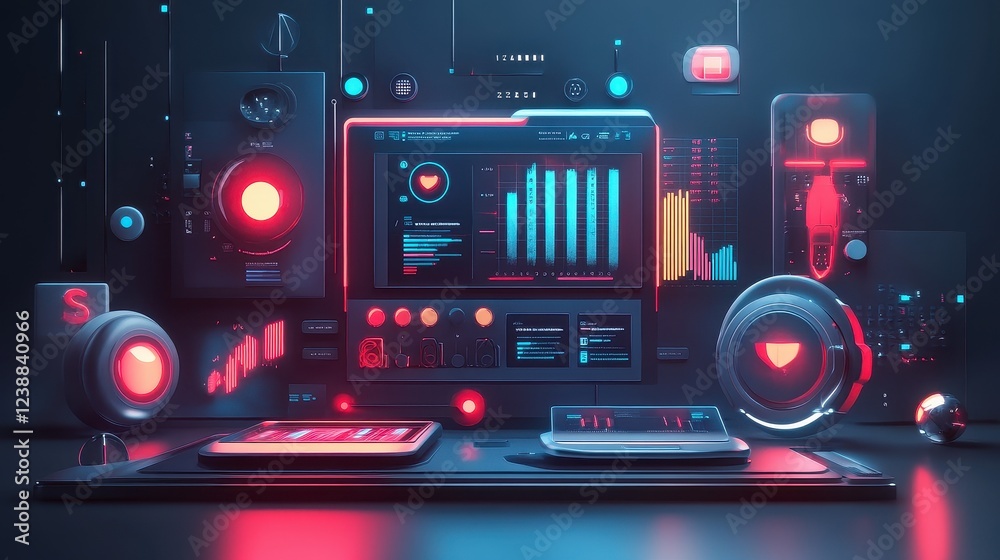 Business analytics, futuristic AI-powered dashboard, 3D illustration.