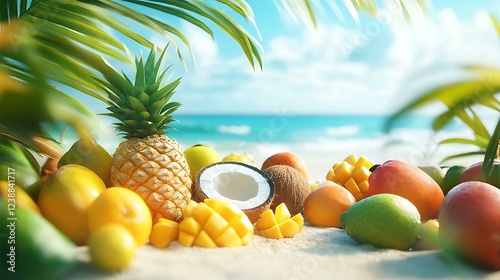 Fototapeta Naklejka Na Ścianę i Meble -  Collection of tropical fruits like coconuts, pineapples, and mangoes on a beach scene.