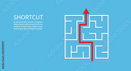 shortcut from maze with arrow to success. red arrow route break out of labyrinth. problem solving and solution concept. business strategy. copy space for text. vector illustration