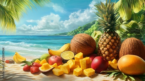 Fototapeta Naklejka Na Ścianę i Meble -  Collection of tropical fruits like coconuts, pineapples, and mangoes on a beach scene.