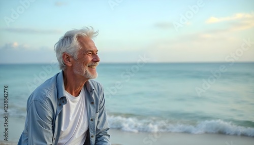 Hombre mayor feliz sonriendo junto al océano