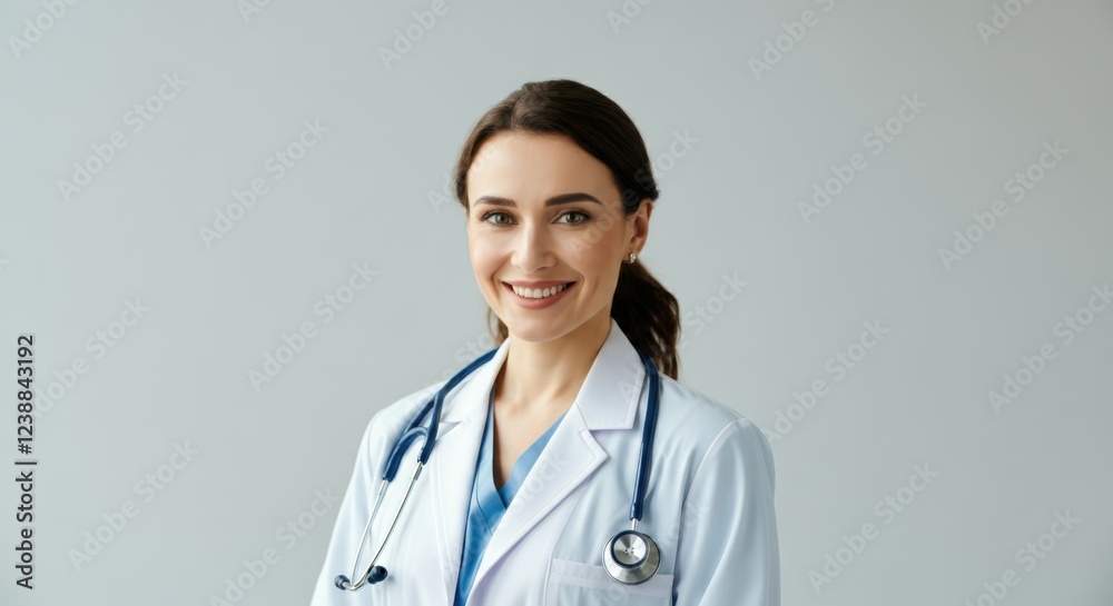 Caucasian female young doctor in white coat smiling with stethoscope Caucasian female young doctor in white coat smiling with stethoscope