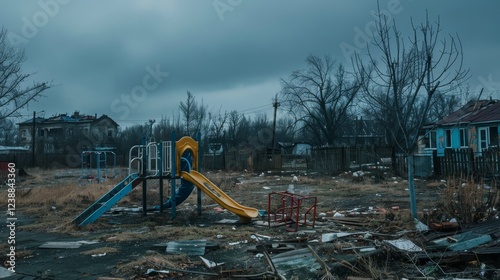 Desolate ukrainian village with abandoned homes, debris strewn streets, and eerie stillness