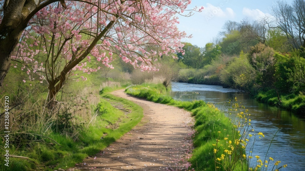 Footpath beside a scenic river with flowers blooming in spring. Footpath beside a scenic river with flowers blooming in spring.