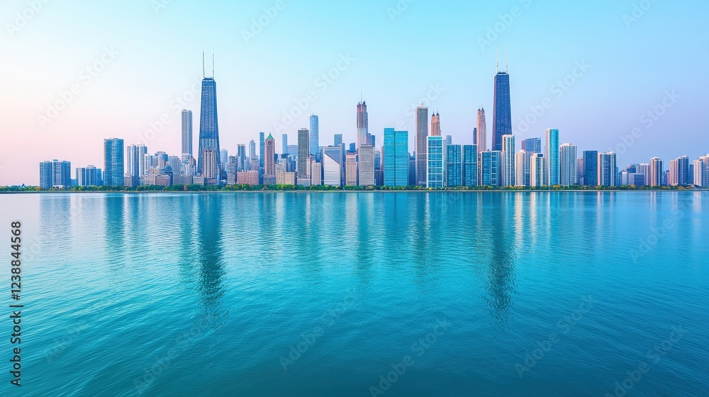 Fototapeta premium peak energy demand concept. City skyline reflecting on water at sunset.