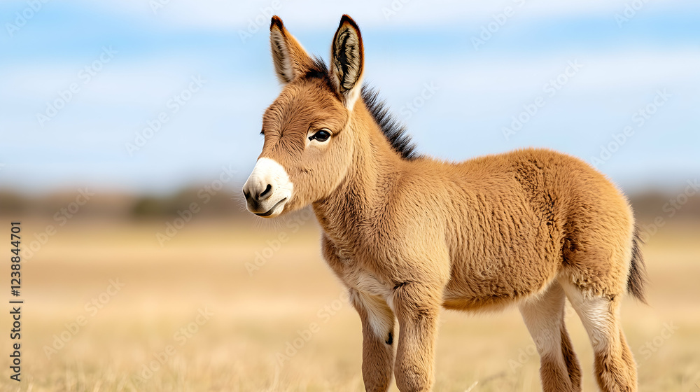 Adorable donkey foal standing in a dry field under a clear sky; perfect for animal, farm, and nature themes Adorable donkey foal standing in a dry field under a clear sky; perfect for animal, farm, and nature themes