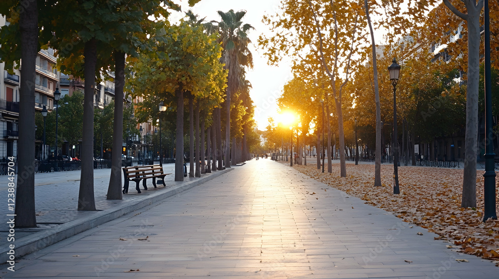 Autumn sunset stroll, city park path, leaves, trees, calm background, travel postcard