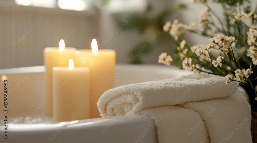 Cozy spa bath with lit candles and fresh flowers in relaxing home setting Cozy spa bath with lit candles and fresh flowers in relaxing home setting