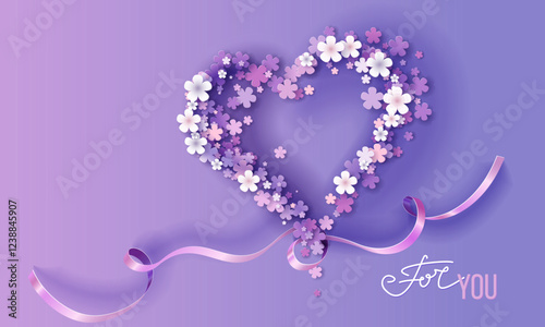 8 march womens day card. Valentines days banner. Flowers shaped sweet heart on purple background