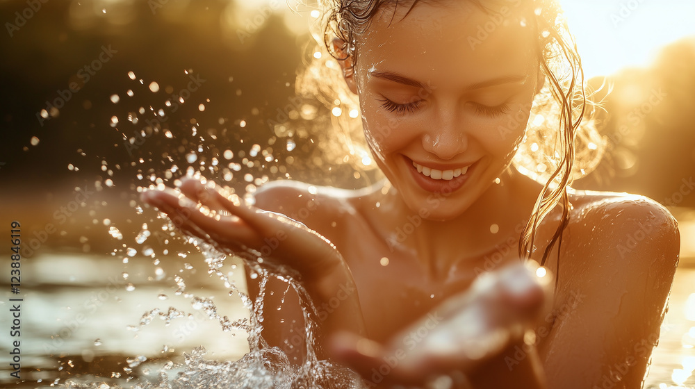 Obraz premium Close-up of a woman playfully splashing water with her hand, her eyes sparkling with joy, sun rays reflecting in the droplets