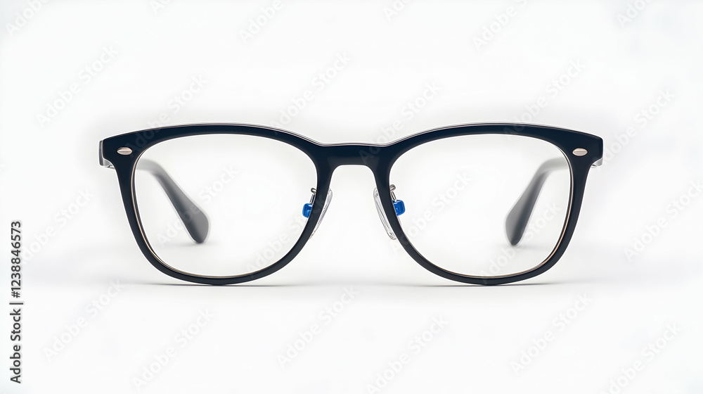 Fototapeta premium Black square eyeglasses, frontal view, white background, optical clarity
