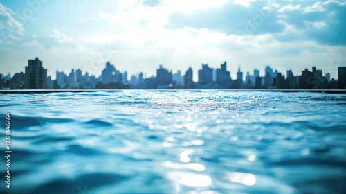 Rippling water in a luxurious rooftop swimming pool, surrounded by a panoramic urban skyline.