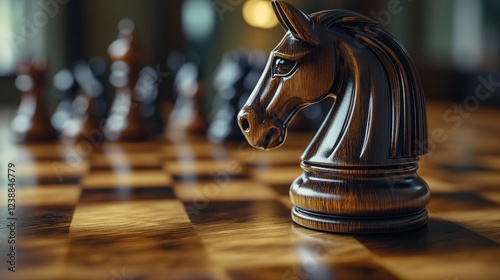 Close-up of a dark wooden knight chess piece on a board.