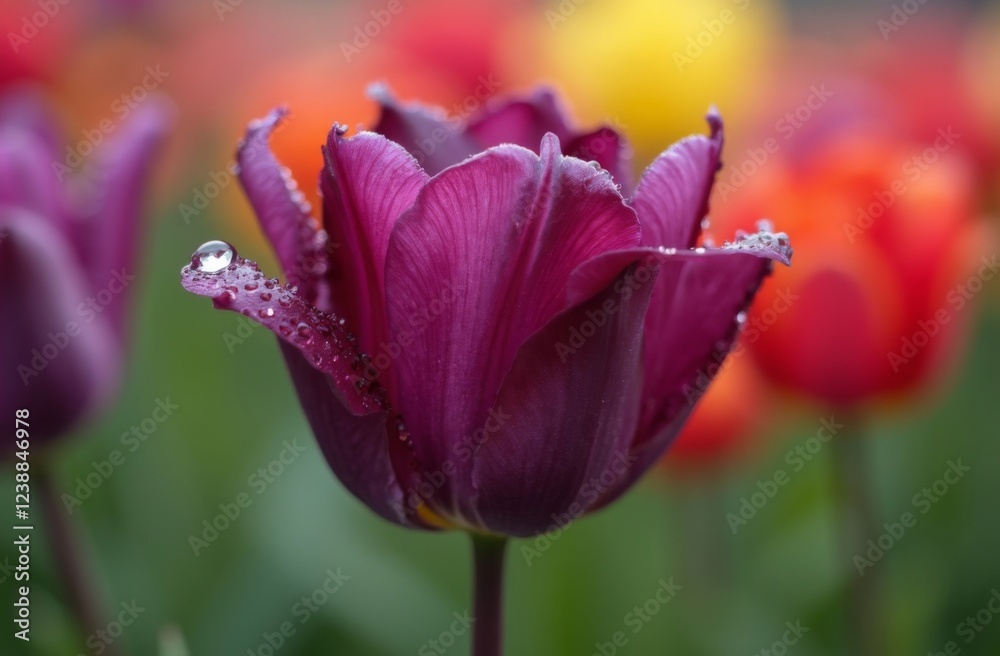 Fototapeta premium Close-up of a deep purple tulip with water droplets, featuring a large droplet on a petal, surrounded by blurred red, yellow, and orange tulips in the background