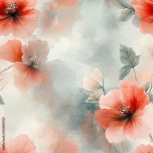 Watercolor Style Floral Seamless Pattern, Loopable Design with Blurred Flowers, Red Poppies and Dark Blue Leaves, Romantic Boho Fabric and Soft Botanical Wallpaper Print.