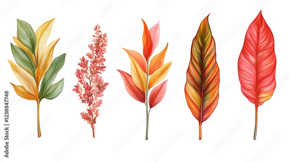 Fototapeta premium Set of isolated tropical leaves and exotic flowers for design elements.