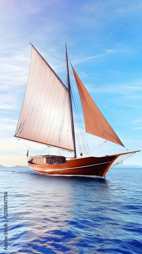Fototapeta premium Classic wooden sailboat sailing on calm sea under a vibrant sky; idyllic travel scene