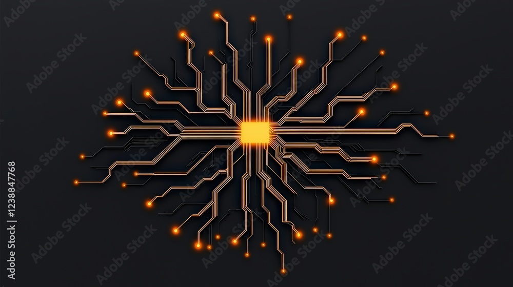 Fototapeta premium Futuristic Circuit Board Design with Bright Orange Lights on Dark Background