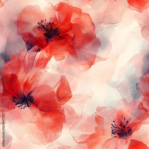 Watercolor Style Floral Seamless Pattern, Loopable Design with Blurred Flowers, Red Poppies and Dark Blue Leaves, Romantic Boho Fabric and Soft Botanical Wallpaper Print.