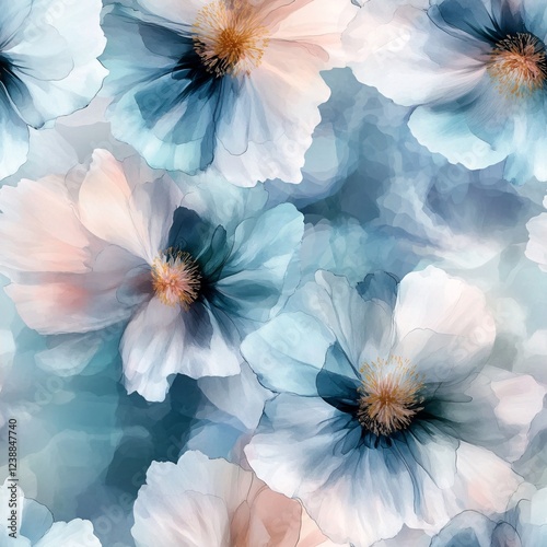 Watercolor Style Floral Seamless Pattern, Loopable Design with Blurred Flowers in White, Yellow, and Blue, Romantic Boho Fabric and Soft Botanical Wallpaper Print.