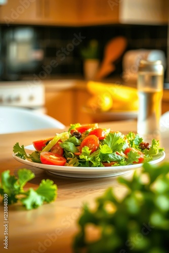 Fresh and Colorful Vegetable Salad with Lettuce, Cherry Tomatoes, and Onions on a White Plate in a Bright Kitchen Setting