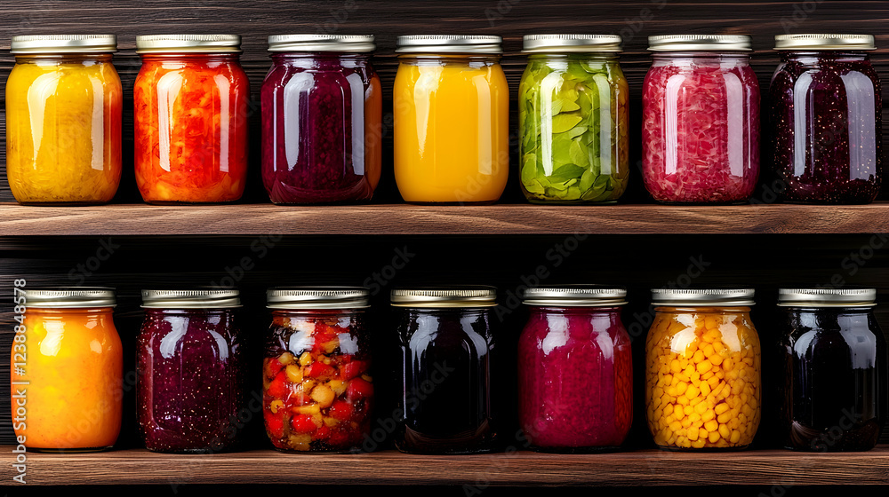 Colorful homemade preserves in glass jars on wooden shelves; pantry organization; autumn harvest Colorful homemade preserves in glass jars on wooden shelves; pantry organization; autumn harvest