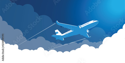 Airplane in the sky rises through the clouds to the sun. Vector blue cartoon background