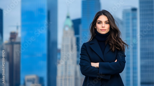 Free Download Confident businesswoman, arms crossed, NYC skyline backdrop.  Professional portrait, ideal for corporate marketing - GFXLoad