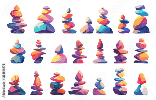 Balanced stones. Zen yoga wellness harmony relaxation meditation concept, colorful pebble stack pyramid set vector illustration