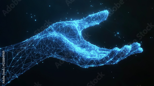 Hand formed by poly lines on blue digital background