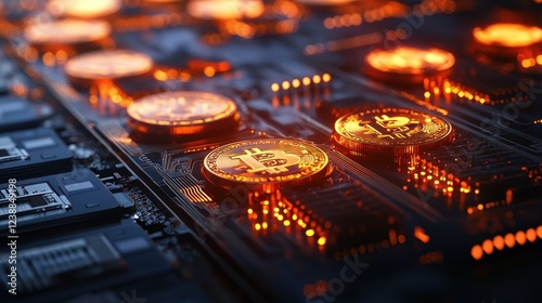 Cryptocurrency mining, golden coins emerging from circuits, 3D illustration.  photo